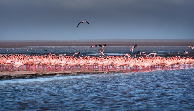 colony of flamingos in walvis bay namibia landscape africa