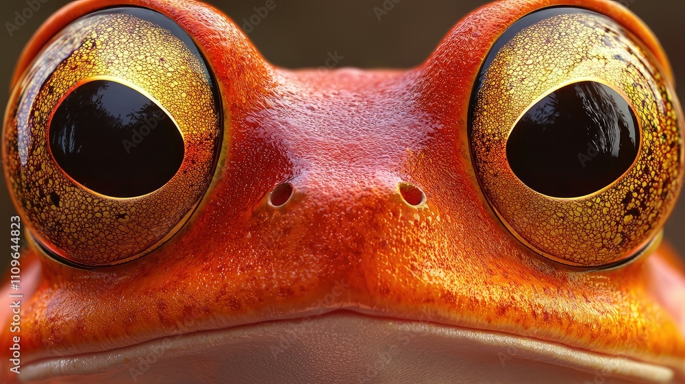 Poster close-up image of a vibrantly colored red frog with distinctive large eyes captured in natural habit