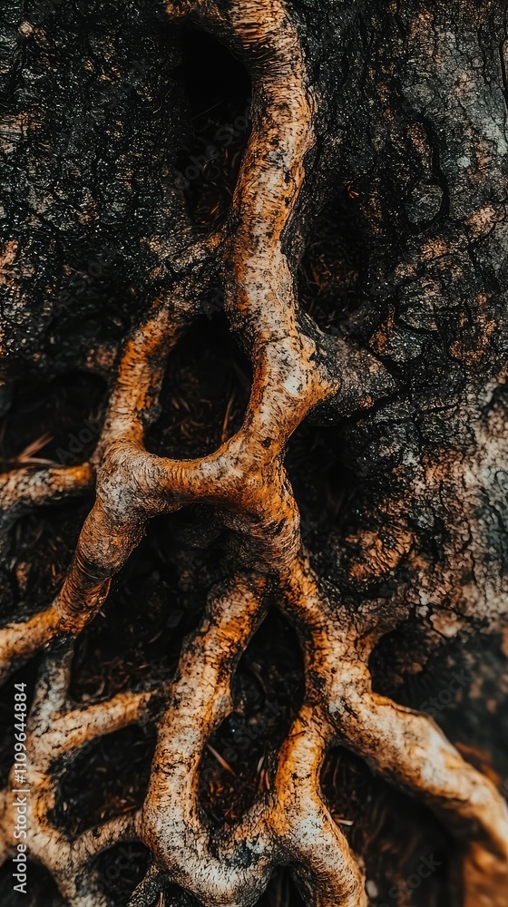 Poster Macro View of Intricate Tree Roots Displaying Unique Textures and Patterns in Nature’s Design with Rich Earth Tones and Organic Shapes for Natural Art Enthusiasts