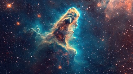 Obraz premium Stunning Cosmic Nebula Displaying Brilliant Blues and Oranges, Filled with Sparkling Stars and Ethereal Gas Clouds Captured in the Depths of Space