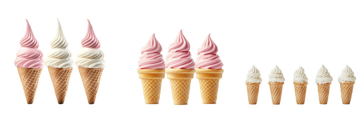 Set of  ice cream cones in a row isolated on a transparent background