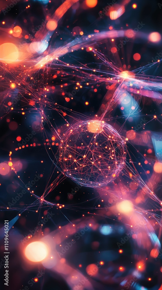 Poster abstract digital art with colorful particles and glowing lights in a network of connecting lines, id