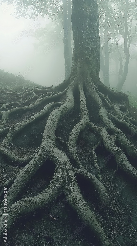 Poster mystical forest scene featuring majestic tree with intricate roots emerging from the ground in a fog