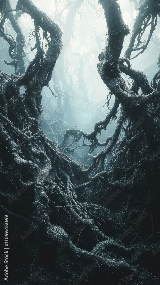 Poster enigmatic forest landscape with twisted roots and misty atmosphere evoking mystical and mysterious f