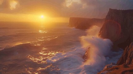 Fototapeta premium Dramatic sunset over ocean cliffs with crashing waves. (1)