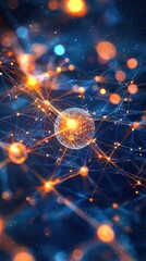 Obraz premium Abstract representation of digital particles and interconnected networks in a vivid blue and orange color palette showcasing futuristic technology and data visualization