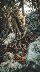 Intricate Root System of a Tree Nestled Among Natural Rocks in a Forested Environment, Capturing the Beauty and Resilience of Nature's Understory