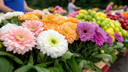 Vibrant floral display at a farmers market