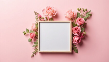 Blank mockup wooden frame with flowers, copy space on a pink pastel background