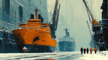 Faint figures in bright jackets traverse the snowy dock, surrounded by towering ships and cranes under a dim winter sky