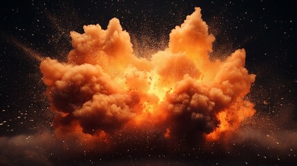 Intense fiery explosion with billowing orange smoke clouds and flying sparks in dark night sky, dramatic and powerful scene