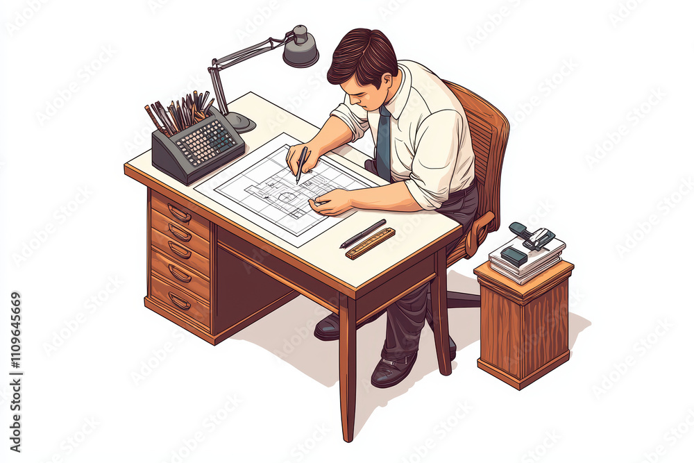 Poster professional architect sketching designs at modern desk, focused on creating detailed plans. workspa