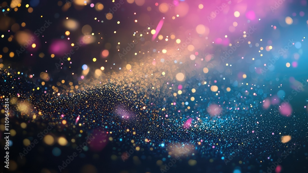 Poster colorful bokeh and sparkling glitter spread across a dark background, creating a dreamy and festive 