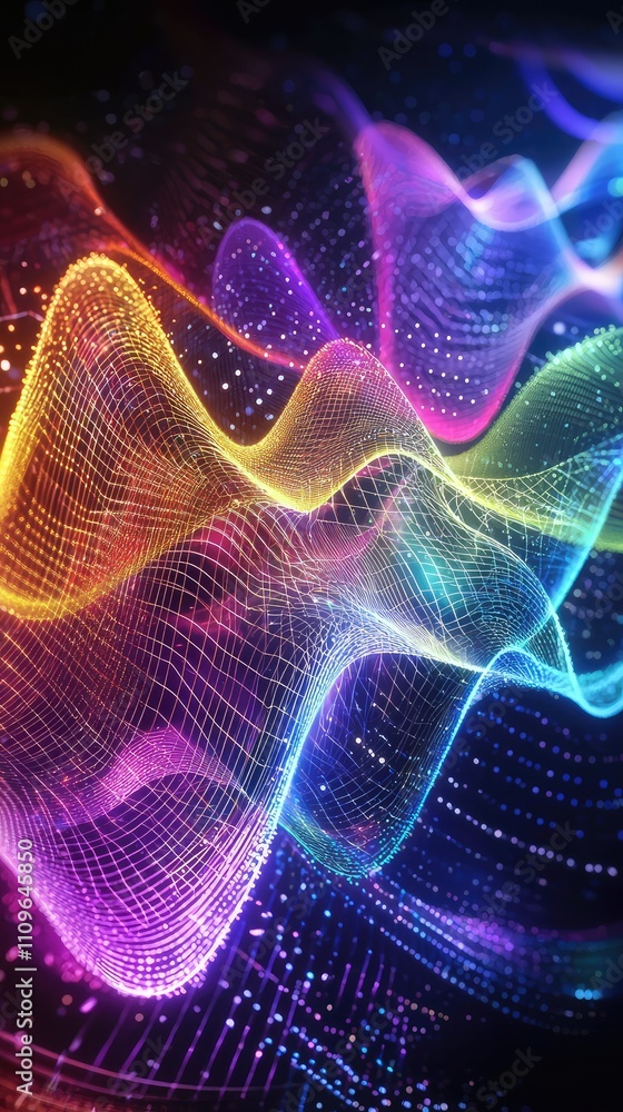 Poster vibrant abstract wave patterns with colorful lights and digital effects in motion for futuristic bac