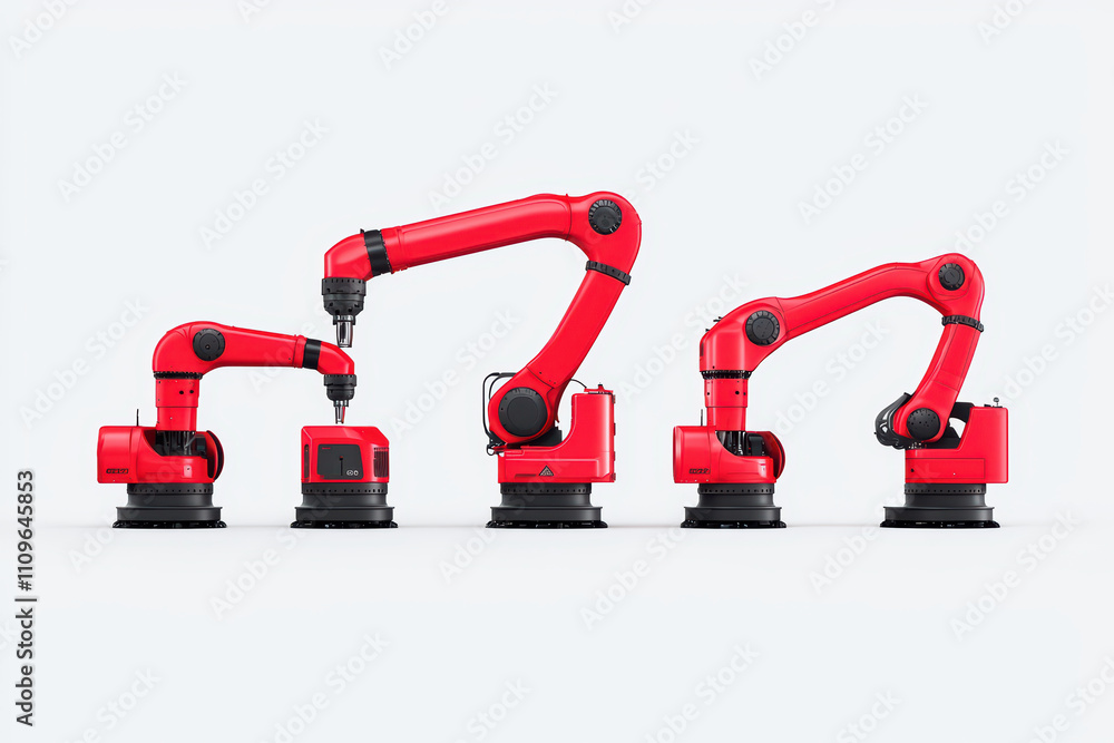 Poster robotic arms in red color on white background, showcasing advanced technology and precision engineer