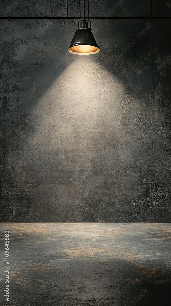 Poster elegant and minimalist industrial background with single hanging light fixture casting soft light on