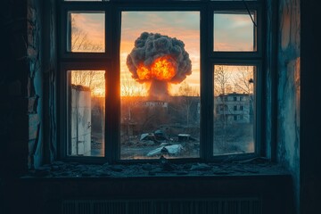 Dramatic view through a broken window of a fiery explosion against the backdrop of a sunset in a deserted area