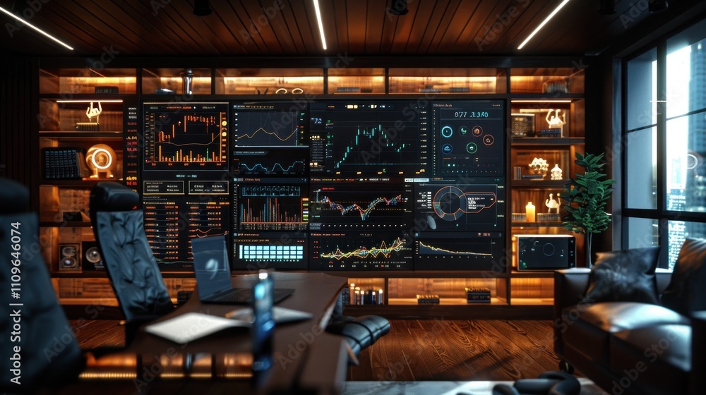 Aufkleber luxurious modern trading room with multiple screens displaying financial data.