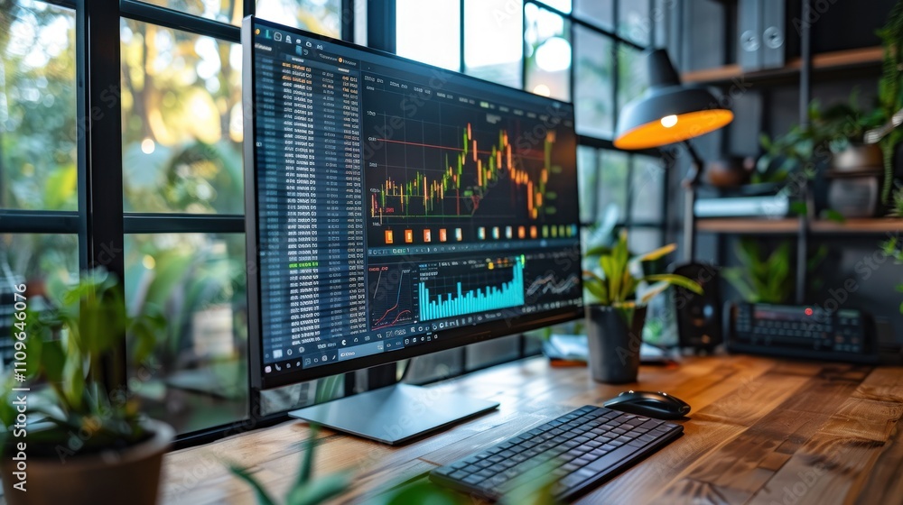 Aufkleber stock market data displayed on a computer monitor in a modern office.