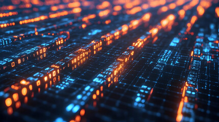 Fototapeta premium A vibrant digital matrix with glowing orange lines running through a blue network grid, creating a high-tech futuristic landscape.