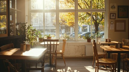 Obraz premium Warm and Inviting Cafe Interior with Sunlight Streaming Through Windows and Autumn Foliage Outside in a Cozy Atmosphere Ideal for Leisure and Social Gatherings