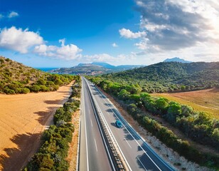 car on the road at in sardinia island in italy summer transport driving on the highway of europe view on motorway olbia province mixed media