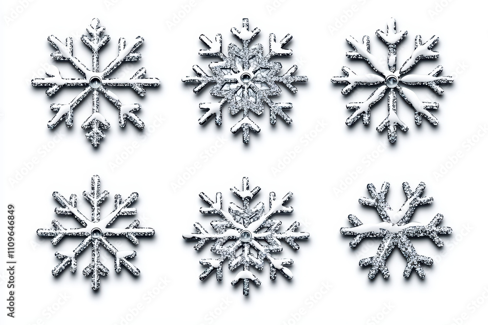 Poster intricate snowflake designs on white background create beautiful winter scene. each unique snowflake