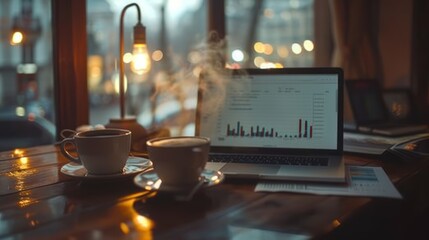Obraz premium Cozy cafe scene with laptop displaying charts, steaming coffee cups, and city view.