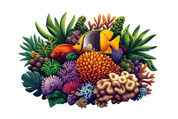 Fototapeta premium Vibrant coral reef teeming with colorful marine life and plants, showcasing variety of fish and corals in lush underwater environment