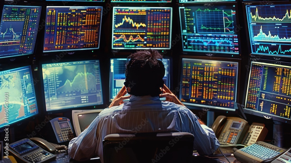 Poster man monitoring multiple stock market screens.