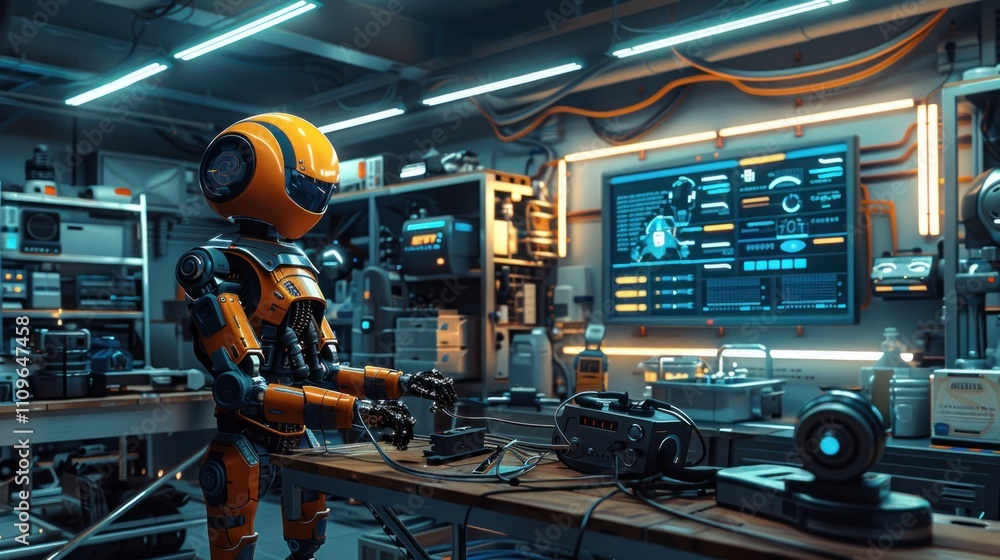 Poster robot working in a futuristic lab.