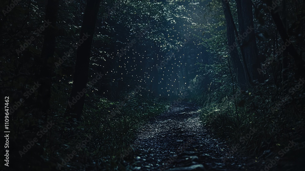 Poster Enchanted Forest Pathway with Mystical Light Particles Illuminating a Serene Trail Surrounded by Lush Greenery and Tall Trees in a Tranquil Atmosphere