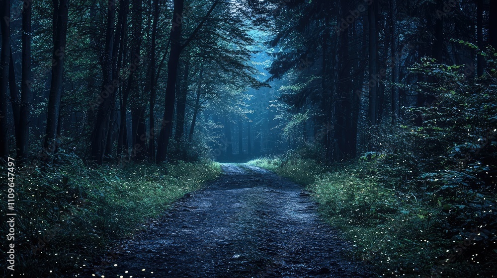 Poster dark enchanted forest pathway surrounded by lush greenery and soft light, creating a mystical and se