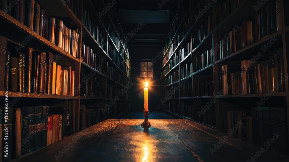 Poster Dimly Lit Library with Candle on Table Surrounded by Books, Creating an Atmospheric and Mysterious Study Environment with Soft Light Flickering