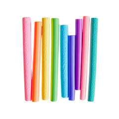 Artistic Arrangement of Multicolored Pool Noodles with Realistic Textures on White Background