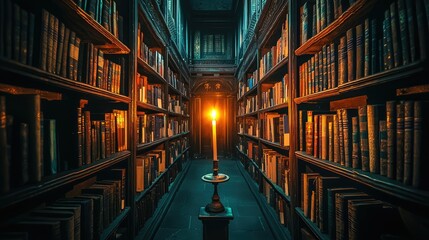 Enchanting Library with Candlelight Illuminating Bookshelves, Capturing a Mystical Atmosphere for Readers and Scholars in a Timeless Setting