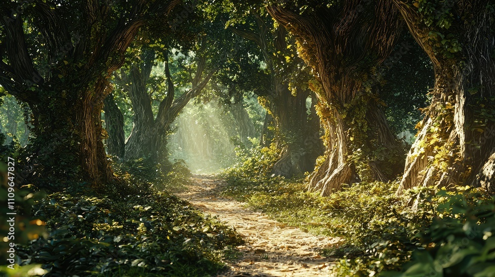 Poster enchanted natural landscape with sunlight filtering through lush green trees and a serene pathway in