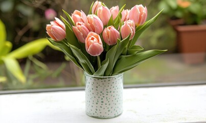 Bouquet of pink tulips in polka dot vase