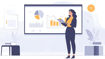A woman is standing in front of a large screen with a presentation on it