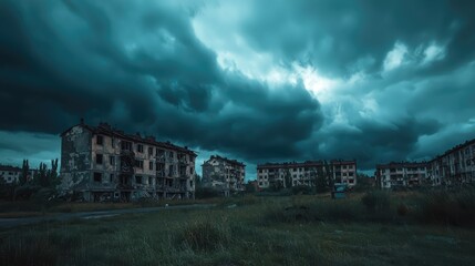 Fototapeta premium Dramatic Sky Over Abandoned Buildings With Overgrown Grass and Dark Storm Clouds Looming in the Background Creating a Haunting Atmosphere