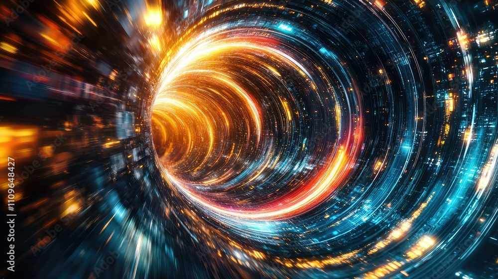 Poster vibrant abstract tunnel of light with swirling effects and sparkling particles representing motion a