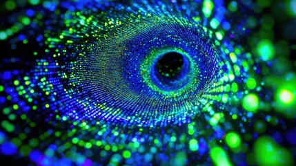 Abstract digital vortex with vibrant blue and green particles swirling in a mesmerizing pattern, creating an otherworldly sense of depth and motion in vivid colors.