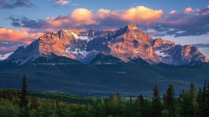 Obraz premium Majestic Rocky Mountain Range at Sunset with Vivid Orange and Pink Clouds Over Snow-Capped Peaks and Lush Green Foreground Creating Breathtaking Natural Scenery
