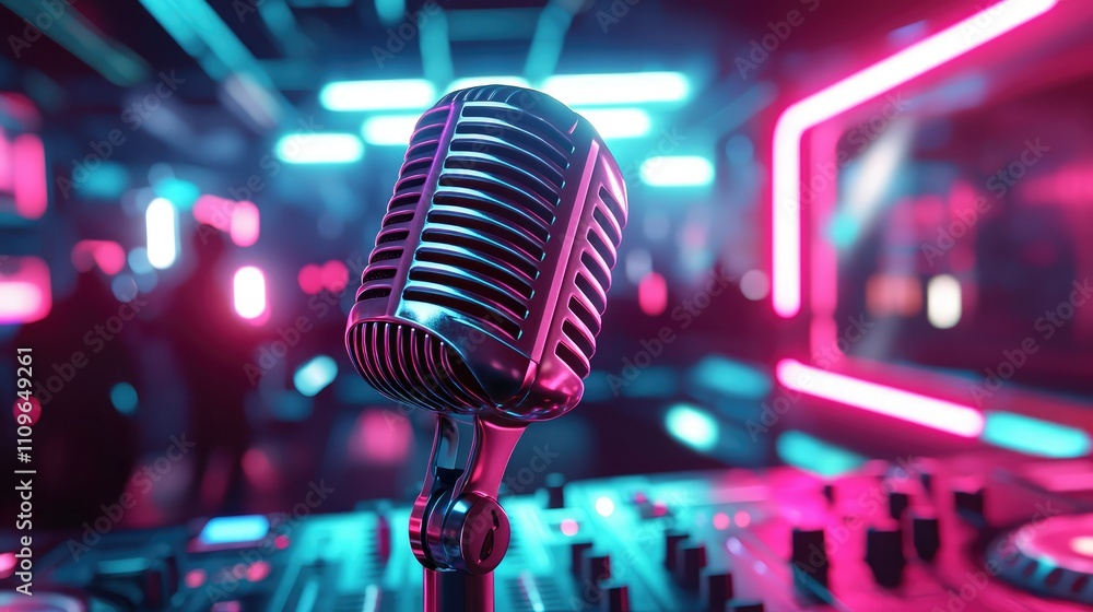 Poster shiny vintage microphone with colorful neon lights on dj table in a modern music studio setting perf