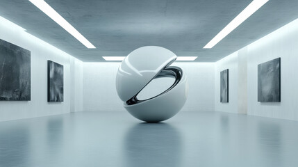 3D render of an empty modern art gallery with one large futuristic sculpture in the center