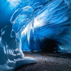  Glacial Caverns_-A majestic ice cavern with walls of shimmering blue and white. The floor is 
