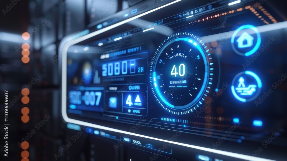 Poster futuristic digital dashboard display showing speed, energy, and navigation data.