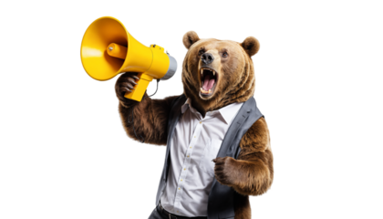 Bear in a Suit with Megaphone:  A powerful image of a brown bear in a business suit, roaring into a yellow megaphone. This humorous and attention-grabbing image is perfect for marketing.