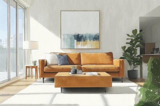interior design, a light scandinavian living room sketch with a terracotta lounge sofa as the focal point, complemented by minimalistic decor
