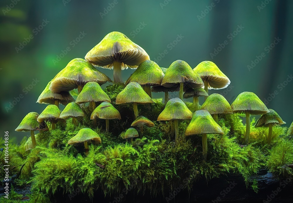 Poster a vibrant cluster of colorful mushrooms growing on a bed of lush green moss in a mystical forest set